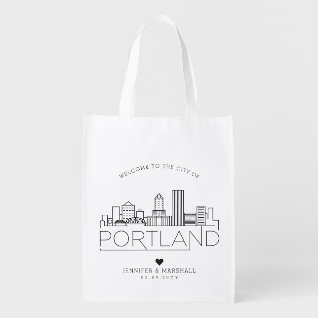 Portland, Oregon Wedding | Stylized Skyline Grocery Bag (Front)