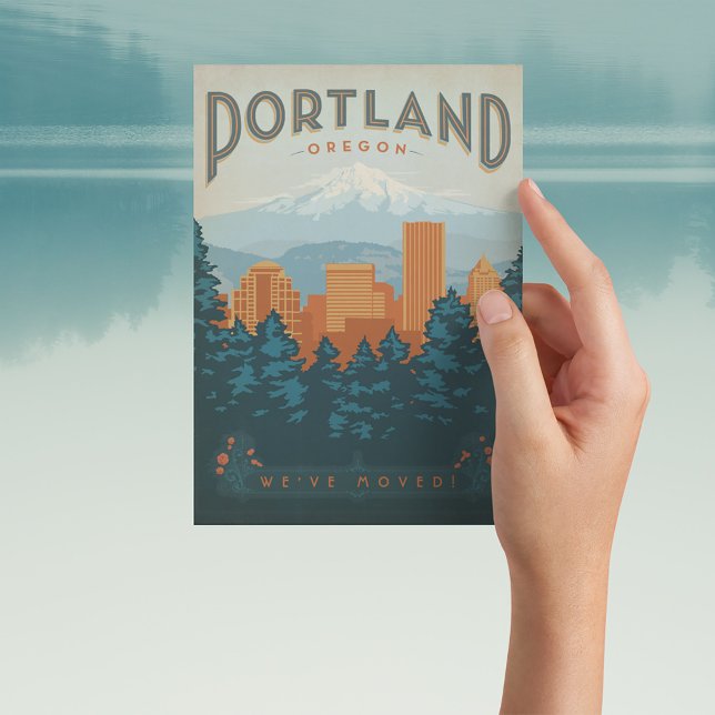 Portland, Oregon | We've Moved Invitation Postcard (Person holding postcard)