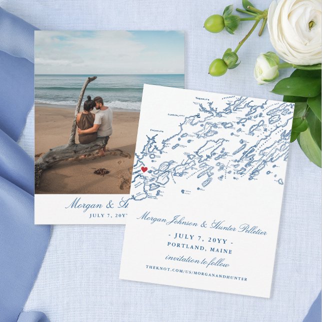 Portland Save the Date for a Maine Wedding (These elegant Portland Maine save the dates feature a navy blue map with a heart over Portland)