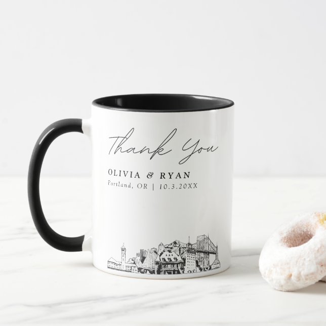 Portland Skyline Sketch Simple Custom Wedding Mug (With Donut)