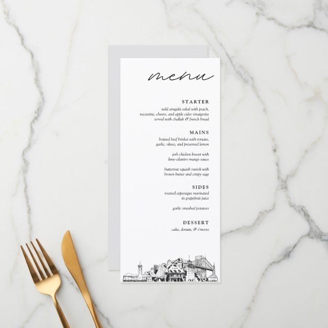 Portland Skyline Sketch Wedding Dinner Menu (Front/Back In Situ)