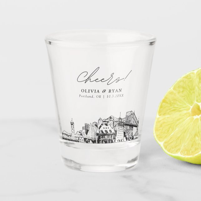 Portland Wedding Favor Cheers Shot Glass (Front)