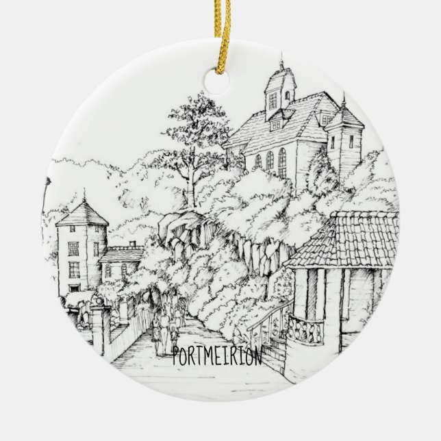 Portmeirion North Wales Pen and Ink Sketch Ceramic Ornament (Front)