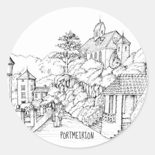 Portmeirion North Wales Pen and Ink Sketch Classic Round Sticker