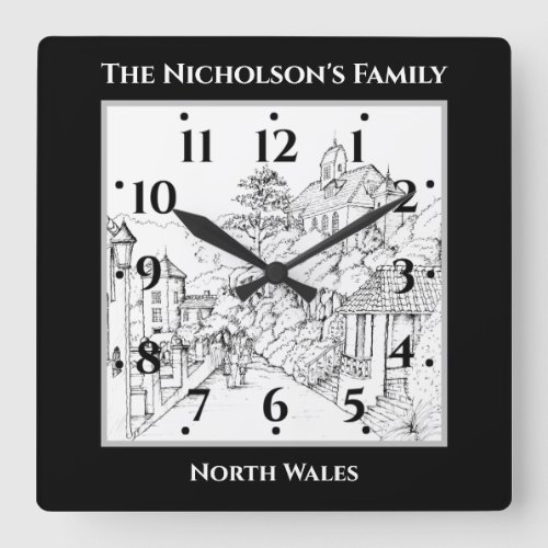 Portmeirion North Wales Pen and Ink Sketch Large C Square Wall Clock