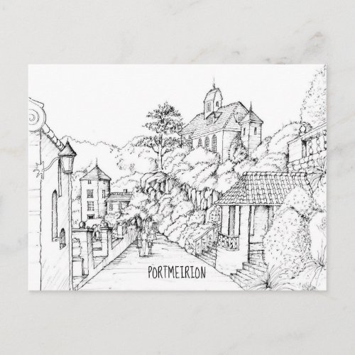 Portmeirion North Wales Pen and Ink Sketch Postcard