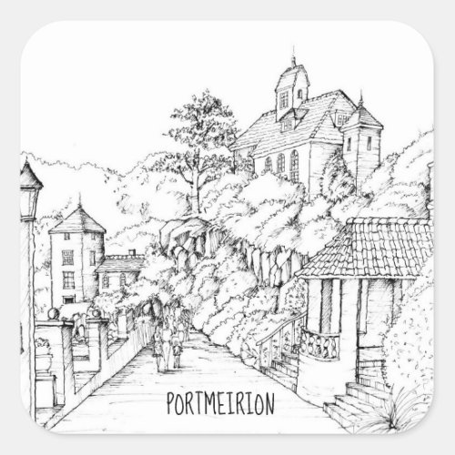 Portmeirion North Wales Pen and Ink Sketch Square Sticker