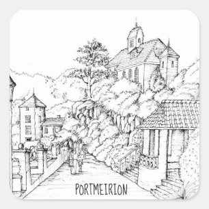 Portmeirion North Wales Pen and Ink Sketch Square Sticker