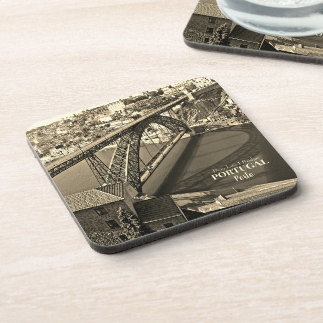 Porto bridge over Douro River, Portugal, sepia Beverage Coaster (Left Side)