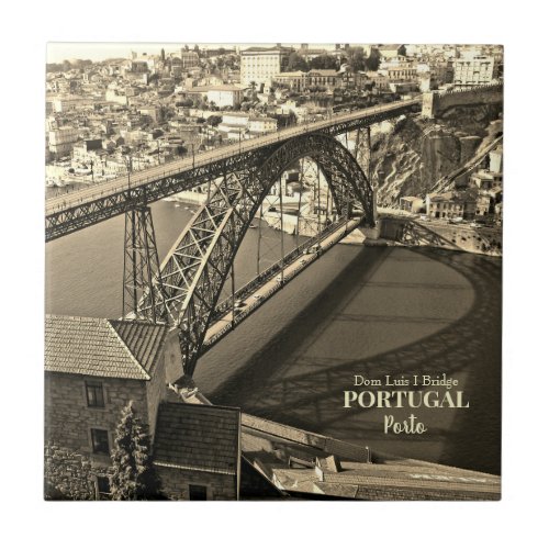 Porto bridge over Douro River Portugal sepia Ceramic Tile