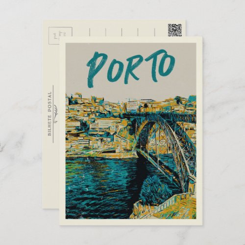 Porto Douro river bridge illustration Portugal Postcard