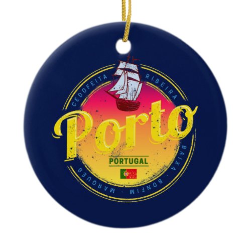 Porto in Portugal Ship Retro Sunset Vintage Ceramic Ornament