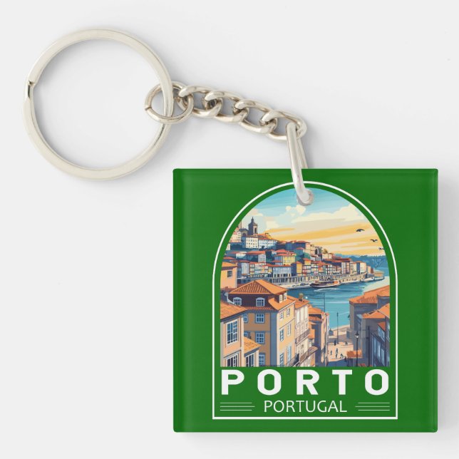 Porto Portugal Travel Art Emblem Keychain (Front)