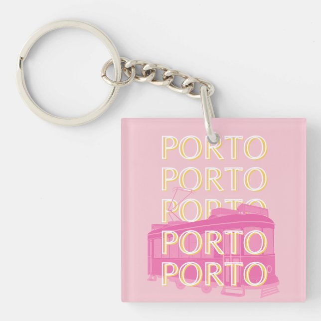 Porto Travel Art, Portugal, Pink, Preppy Keychain (Front)