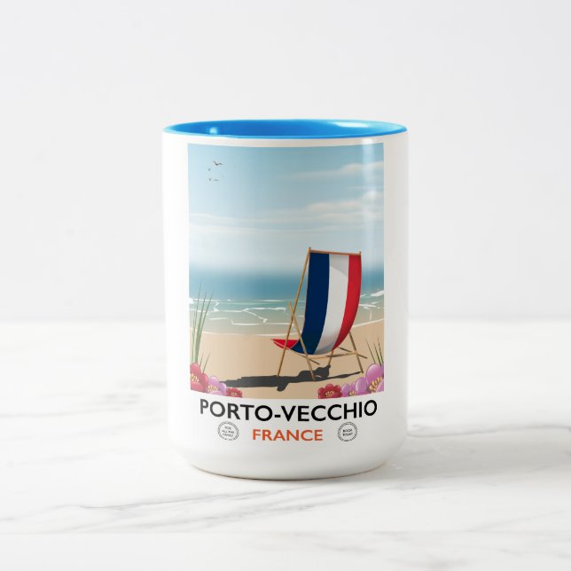 Porto-Vecchio, France beach travel poster Two-Tone Coffee Mug (Center)