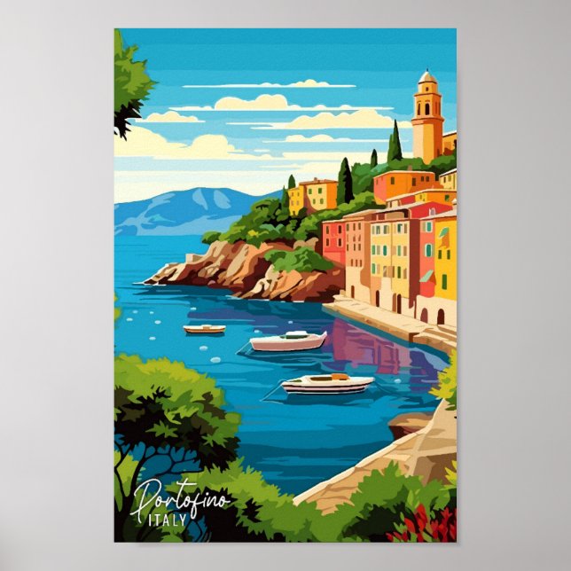 Portofino Italy Art Vintage Travel Illustration Poster (Front)
