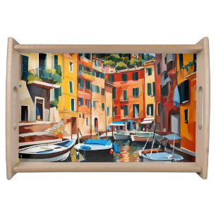Portofino Italy Boats Waterscape Painting Serving Tray
