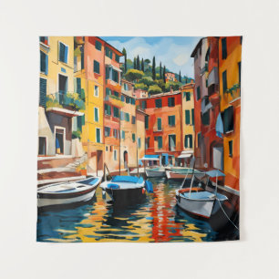 Portofino Italy Colorful Modern Art Boats Tapestry