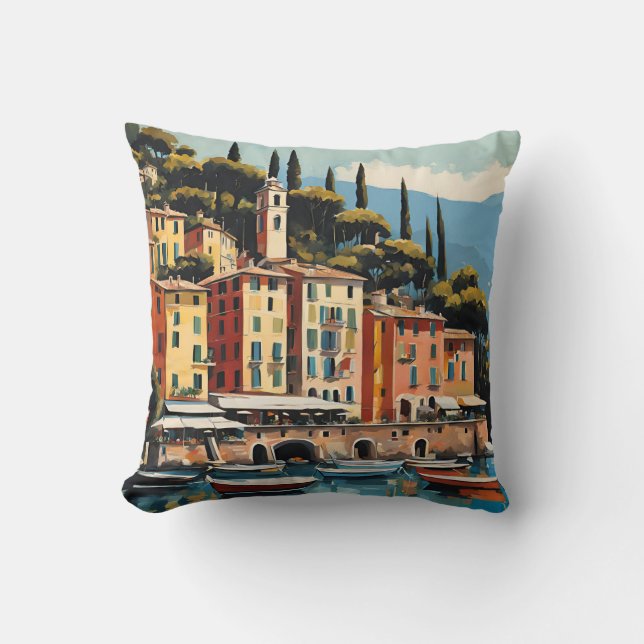 Portofino Italy Mediterranean Waterscape Art Throw Pillow (Front)
