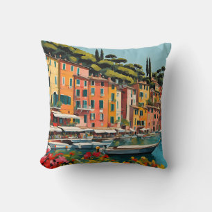 Portofino Italy Mediterranean Waterscape Painting Throw Pillow