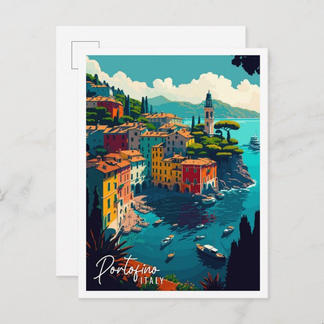 Portofino Italy vintage travel illustration Postcard (Front/Back)