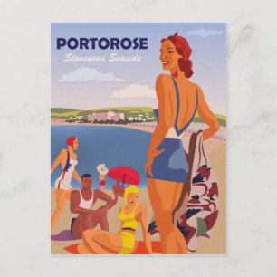 Portorose, girls on the beach, vintage travel postcard