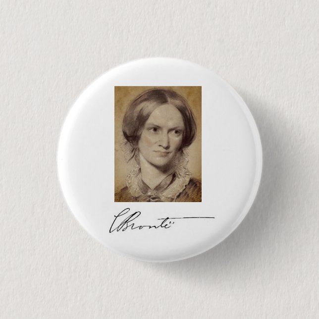 Portrait and signature of Charlotte Brontë Button (Front)