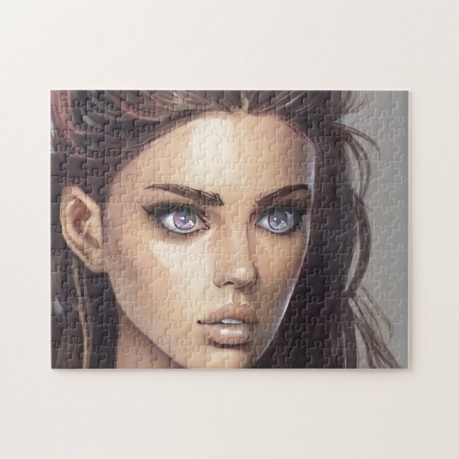 Portrait Brunette Blue Eyed Young Woman Jigsaw Puzzle (Horizontal)