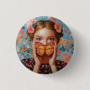 Portrait Butterfly Girl  in a Floral Wonderland Button