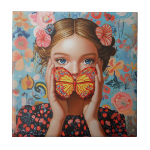 Portrait Butterfly Girl  in a Floral Wonderland Ceramic Tile