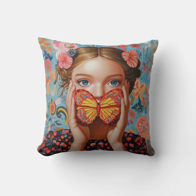 Portrait Butterfly Girl  in a Floral Wonderland Throw Pillow (Front)