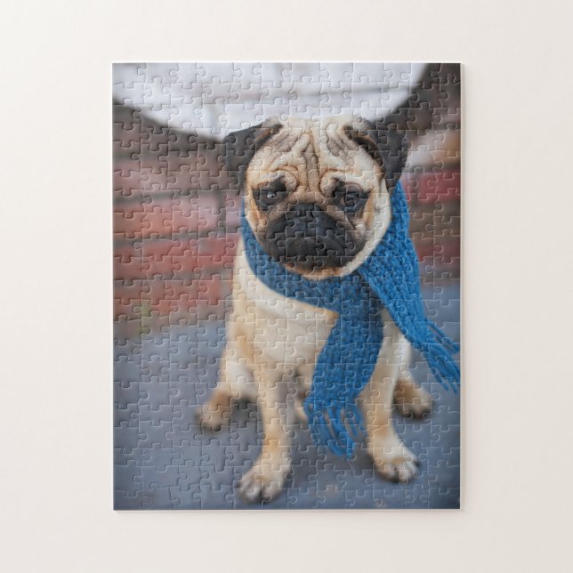 Portrait Cute Pug Dog with Blue Scarf, City Dog Jigsaw Puzzle (Vertical)