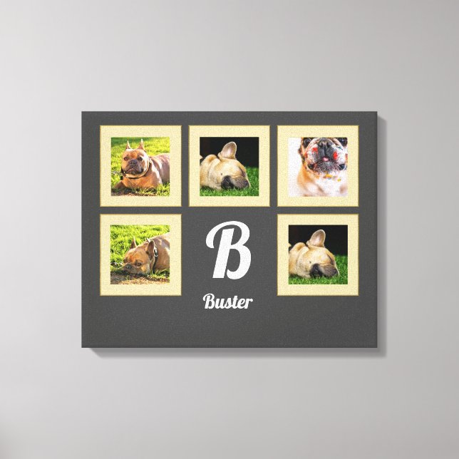 portrait dog pet photo collage monogram on gray canvas print (Front)