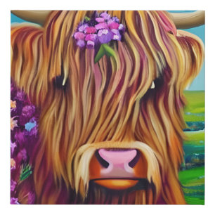Portrait flowers Highland Cow Faux Canvas Print