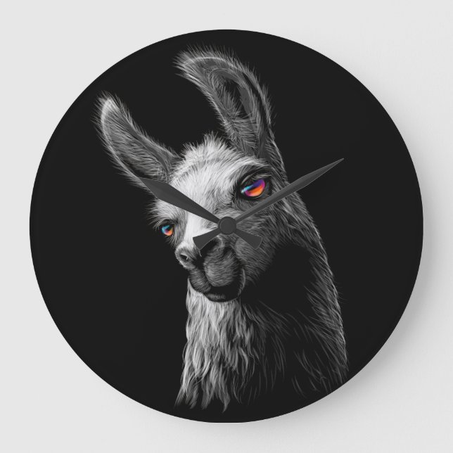 Portrait Head Cute Llama On Black Background Groce Large Clock (Front)