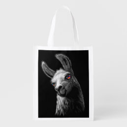 Portrait Head Cute Llama On Black Background Grocery Bag