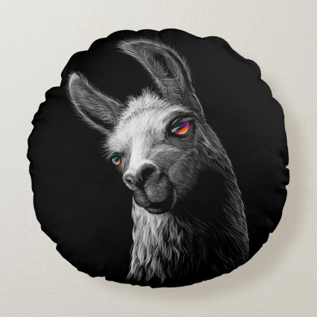 Portrait Head Cute Llama On Black Background  Round Pillow (Front)