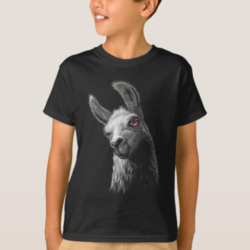 Portrait Head Cute Llama On Black Background T_Shirt