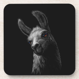 Portrait Head Cute Llama with a Black Background Beverage Coaster
