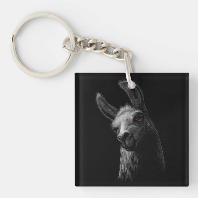 Portrait Head Cute Llama with a Black Background Keychain (Front)
