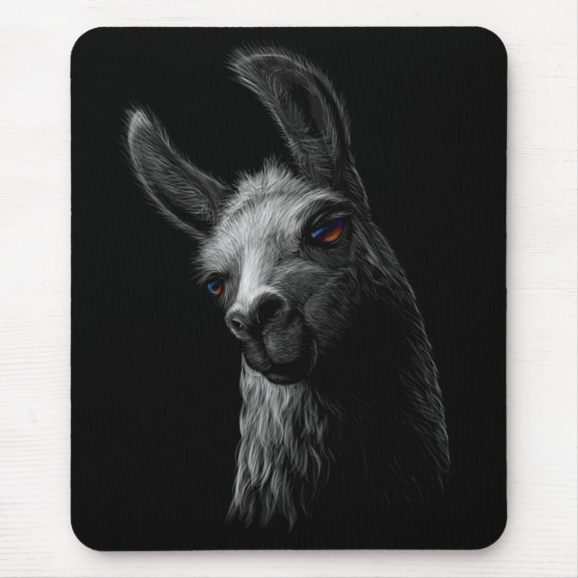 Portrait Head Cute Llama with a Black Background  Mouse Pad (Front)