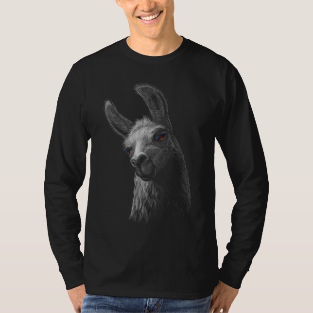 Portrait Head Cute Llama with a Black Background T-Shirt (Front)