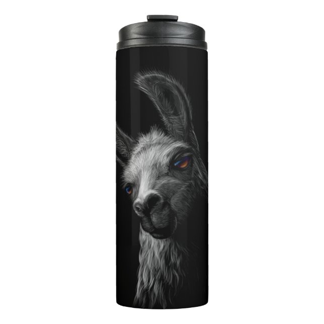 Portrait Head Cute Llama with a Black Background Thermal Tumbler (Front)