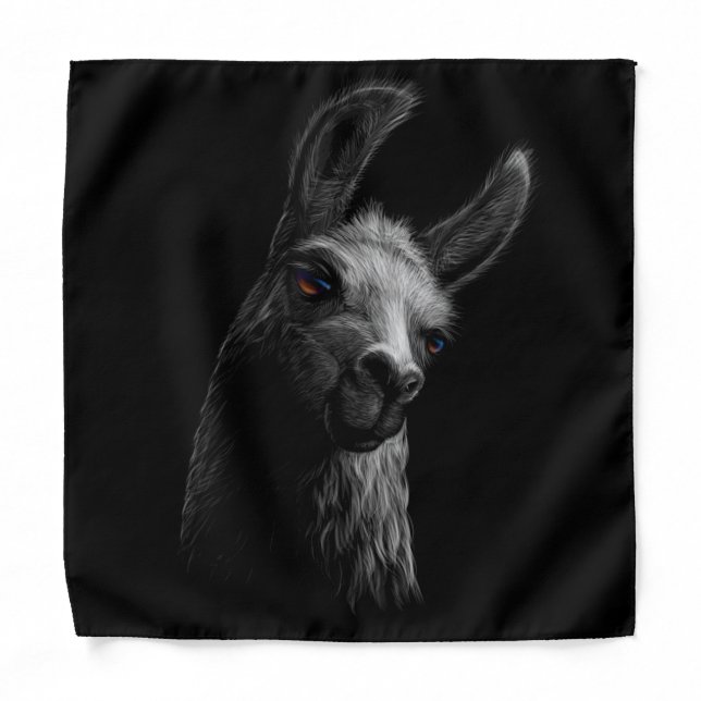Portrait Head Cute Llama with Black Background Bandana (Front)