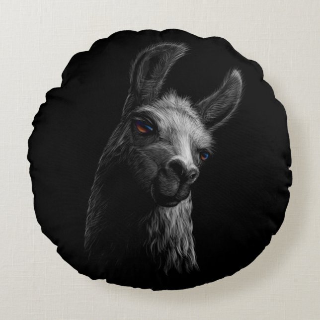 Portrait Head Cute Llama with Black Background Round Pillow (Front)