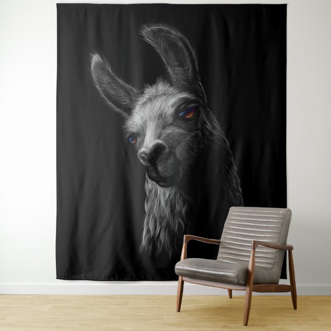 Portrait Head Cute Llama with Black Background  Tapestry (In Situ)