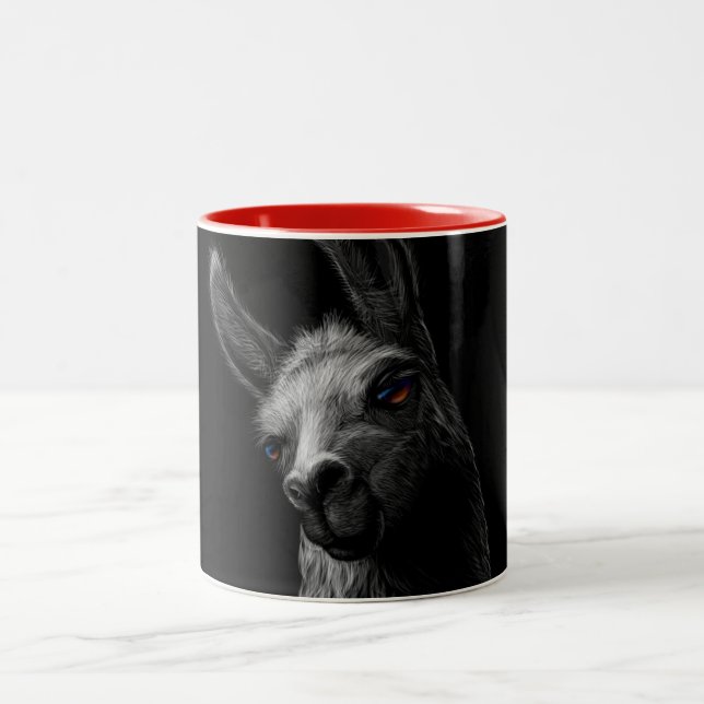 Portrait Head Cute Llama with Black Background Two-Tone Coffee Mug (Center)