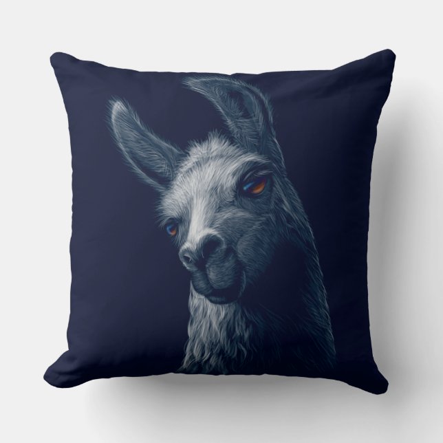 Portrait Head Cute Llama with Navy Background Throw Pillow (Front)