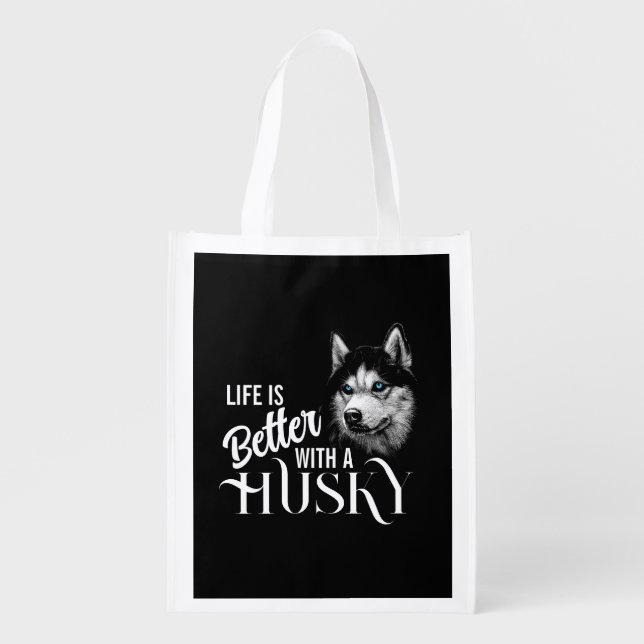 Portrait Head Siberian Husky With Blue Eyes Grocery Bag (Front)