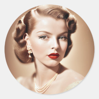 Portrait of a beautiful classic pinup 1950 classic round sticker